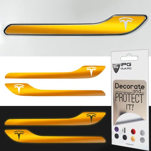 Image of IPG Compatible for Model 3 / Model Y /Juniper Door Handle Decal Sticker Wrap Kit (Set of 4) with Tesla Logo Personalize Your Tesla (Reflective Series - Yellow)
