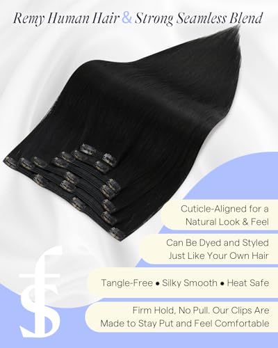 Image of Full Shine Thick Human Hair Clip Ins, 28 Inch 180g 7Pcs | Long Black Clip In Extensions, Invisible Weft for Added Length, Real Human Hair, Office to Weekend Styling