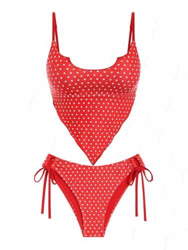 seamoly Red Vintage Polka Dot Hanky Hem Cinched Tankini Set Red S