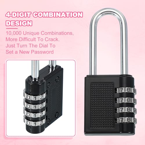 Image of MECCANIXITY 4 Inch Long Shackle Combination Locks, 4 Digit Combination Padlock for Gym Sports Locker Lock Outdoor Fence Case Gate Hasp Storage, Black