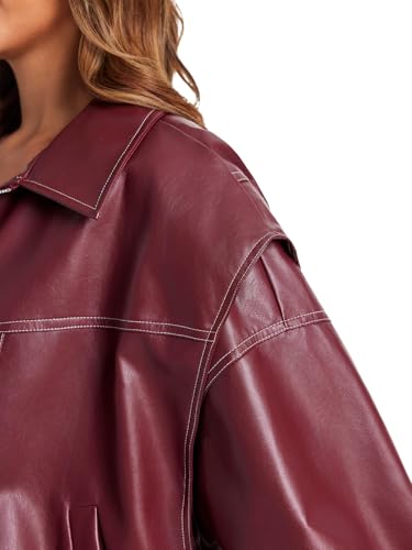 Tankaneo Womens Oversized Leather Bomber Jackets Cap Sleeve Zip Up Motorcycle Coats with Pockets4