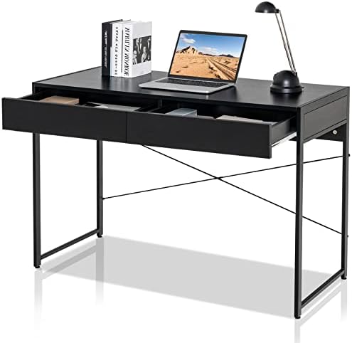 SILKYDRY Computer Desk with 2 Drawers, 44” × 19” × 24.5” Work Desk for Home Office, Study Writing Desk with Steel Frame & Back Reinforcement, PC Workstation Table for Bedroom, Study (Black)