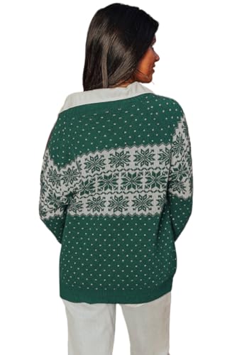Women's Green Christmas Snowflake Dotted Print Round Neck Sweater - Cozy & Chic