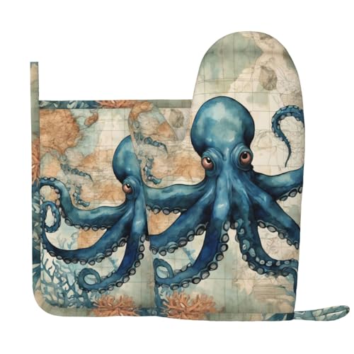 VunKo Under Sea Octopus Oven Mitts and Pot Holders Sets Heat Resistant Oven Gloves with Non-Slip Surface for Safe BBQ Cooking Baking Grilling Set of 2