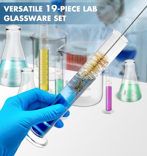 FOUR E\'S SCIENTIFIC Glass Beaker Set 50/100/250/500 ml, Glass Flask 50/100/150/250 ml, Graduated Cylinder 10/25/50/100ml, 1 Brush, 2 Droppers, and 4 Stirring Rods
