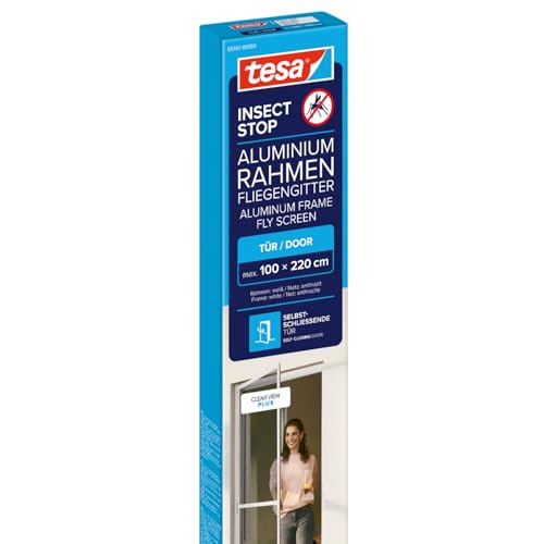 tesa INSECT STOP Aluminium Rahmen Fliegengitter für Türen - Insektengitter mit Aluminium-Rahmen & Clear View - Tür Insektenschutz - 100 cm x 220 cm, Weiß
