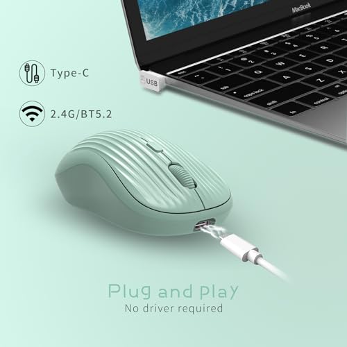 Image of ONE-UP Wireless Mouse, 2.4G + BT, Rechargeable Battery, 4-Key, DPI: 800 /1200 /1600, Silent, Type-C, USB Nano Receiver, Ergonomic, Portable, for Laptop, Chromebook, PC, Mac, Windows (Green)