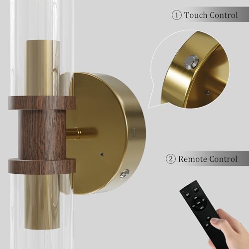 Image of Rayogale Gold & Walnut Wireless Battery Operated Wall Sconces with Remote | Glass Rechargeable Wall Lights Set of 2 with Timer Function Dimmable for Living Room Bedroom Emergency 3000K, 20.5 Inch