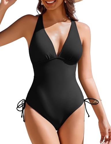 AI'MAGE Womens One Piece Swimsuits V Neck Tummy Control Bathing Suit Criss Cross Back Slimming Swimwear with Drawstring