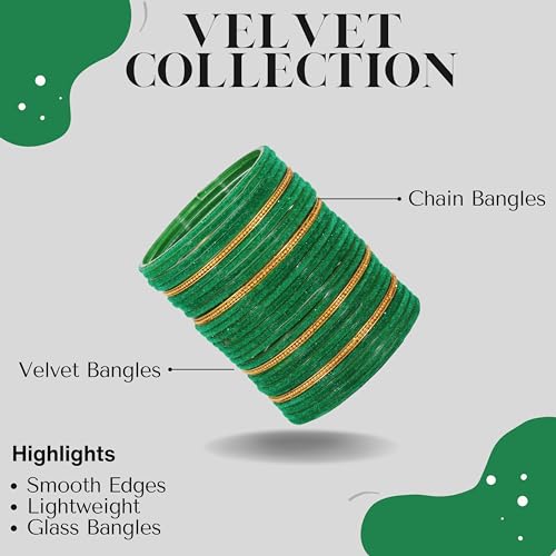 Image of NMII Glass Bangles For Women and Girls with Velvet and Golden Ballchain Linked | Plain Glass Bangles | Velvet Chudi Set | Bangles For Women | Stylish Glass Chudi Bangles- Set of 28