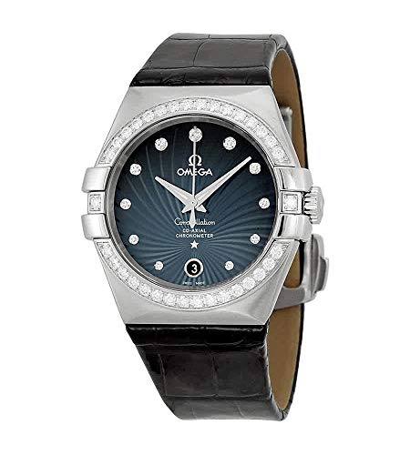 Omega Constellation Blue Diamond Dial Black Leather Ladies Watch 12318352056001