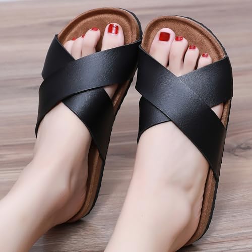 Image of Sandals Women Wide Width, Cork Footbed Arch Support Summer Beach Slide Sandals, Adjustable Strap for Wide Feet