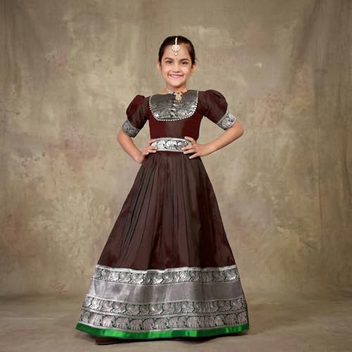 Image of Girls Silk Pattu Gown for Kids Traditional South Indian Long Ethnic Dress | Baby Girl Festival Pavadai Sattai Style Party Wedding Birthday Special Occasion Outfit