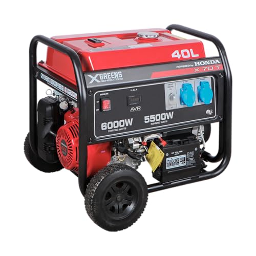 XGREENS Generador de corriente (gasolina) X70T (máx. 6.000 W, depósito 40 l, AVR, Powered by Honda, ruedas, alerta aceite, trifásico, 2 tomas 230 V, protección térmica y panel digital)