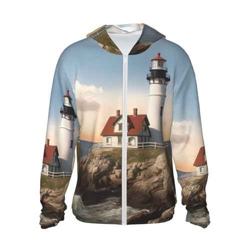 UPF 50+ Light Jacket Full Zip Sun Protection Hoodie for Women Men Long Sleeve Lighthouse Backdrop Sun Shirts Black