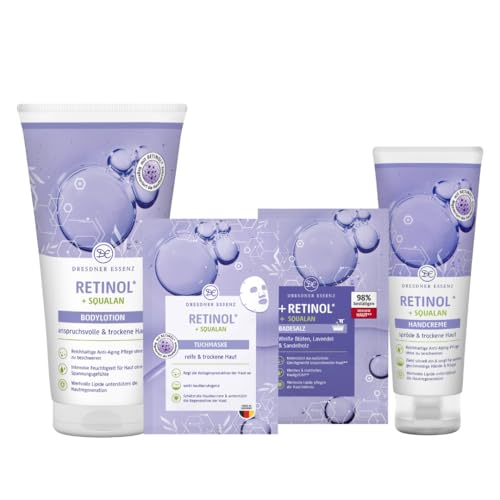 Dresdner Essenz Skin Essence – Retinol Pflegeset – Anti-Aging Körperpflege mit Retinol – 4-teiliges Beauty-Set mit Bodylotion, Tuchmaske, Badesalz & Handcreme – glättend & regenerierend – vegan