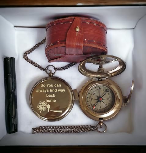 “So You Can Always Find Your Way Back Home” Famous Quote Engraved Brass Pocket Sundial Compass with Leather Case, Compass for Birthday Gift, Hiking, Baptism, Christian, Graduation Gifts