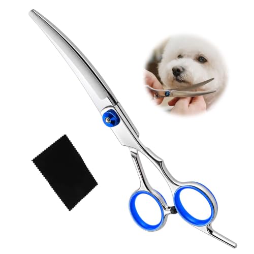 Tijeras Peluquería Canina Curvas, Tijeras Punta Redonda para Perros, con Paño de Limpieza, para Cortar y Recortar el Pelaje de Todo el Cuerpo de Perros y Gatos en Casa