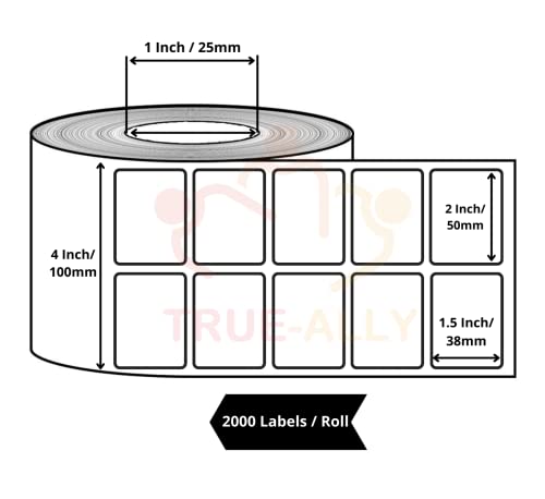 Image of True-Ally 50x38 Direct Thermal Barcode Label Sticker - 2 x 1.5 inch - 50mm x 38mm - 2 Ups - 2000 Labels Per Roll - White Self Adhesive Sticker for Printing Barcoding (3 Roll Per Pack (6000 Labels))
