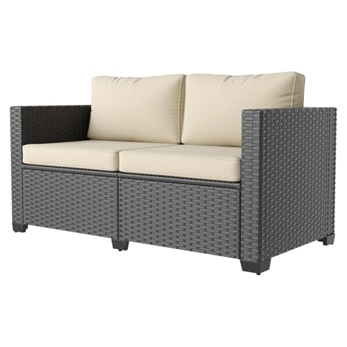 Aoxun 1 Piece Loveseats Patio Furniture Set, Wicker Rattan Outdoor Furniture Conversation Set with 4" Thick Cushions for Deck Yard and Poolside Beige