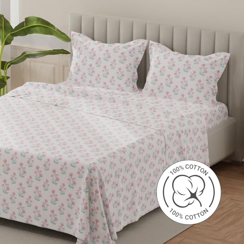 Image of Layers 100% Cotton Bedsheet for King Size Bed | Lumina Floret Collection | 144 TC Soft & Breathable | Printed with 2 Pillow Covers | Wrinkle Free & Colorfast | 3 Piece Bedding Set - Blue & White