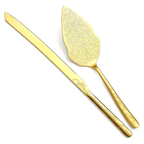 Berglander Gold Wedding Cake Knife and Server Set, Titanium Gold Plating With Unique Pattern Design Cake Cutter Serving Set Perfect For Wedding, Birthday, Parties and Events Dishwasher Safe