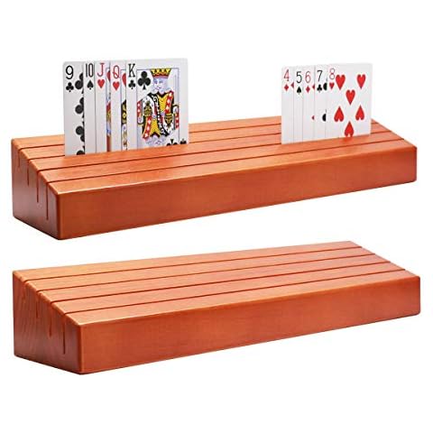 Wooden Playing Card Holder Set of 2 Solid Card Tray Rack Organizer for Kids Seniors Adults - 13.8 inch* 3.1 Inch Extended Versions Long Enough for Bridge Canasta Strategy Card Playing Cover