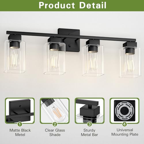 Image of 4 Light Bathroom Vanity Light - Matte Black Bathroom Light Fixtures Square Design & UL Certification, Square Light Fixture Over Mirror, Farmhouse Light Fixtures for Bathroom & Bedroom