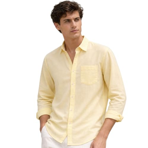 Image of Nobero Breezy Premium Linen Cotton Shirt for Men | Stylish Casual Shirts for Men | Semi Cut Collar | Box Pleat | Curved Hem | Regular Fit | Full Sleeve | S-XXXL