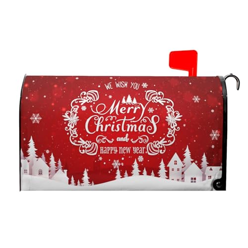 Image of Merry Christmas Mailbox Covers Red Winter Happy New Year Mailbox Cover Magnetic Large Size 25.5 inchx21 inch Xmas Winter Holiday Mailbox Wraps Post Letter Box Covers for Home Indoor Outdoor Decorations