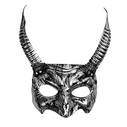 ILOVEMASKS Halloween Masquerade Costume Goblin Women Devil Demon Horns Mask, Horror Creepy Devil Monster Beast Mask Cosplay Prom Ball Masquerade Venetian Goblin Demon Mask with Horns Half Face - Silver