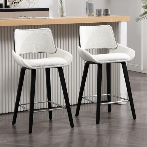 Ya-Home Juego de 2 Taburetes Altos de Cocina de Lana Sintética con Cojín Doble Capa Grueso y Brazo, Silla Altas con Patas de Madera, Taburetes de Bar para Isla de Cocina/Restaurante/Bistro, Blanco