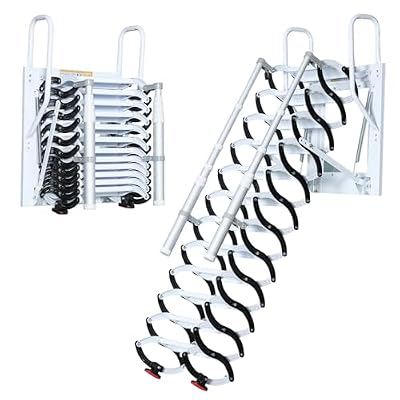 Wall Mounted Retractable Attic Ladder, Folding Loft Stairs with 2 Handrails & Pull-Down System, Extra Wider Attic Stairs for Indoor, for Indoor, Garage, Basement, Storehouse, 660lb Load (14 Steps)