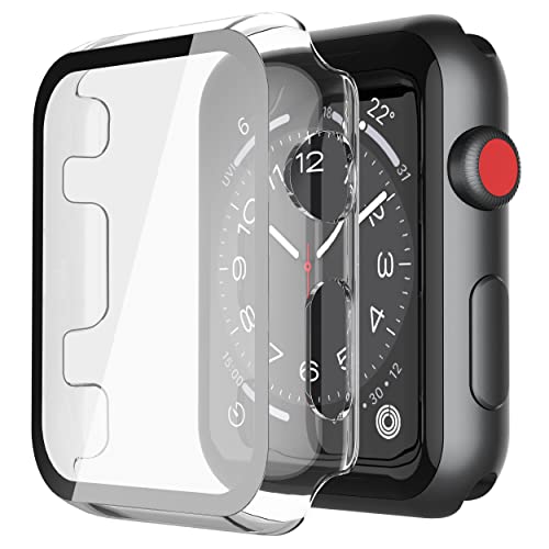 Image of Misxi 2 Pack Hard PC Case with Tempered Glass Screen Protector Compatible with Apple Watch Series 3 Series 2 42mm, Ultra-Thin Scratch Resistant Overall Protective Cover for iWatch S3 /S2, Transparent