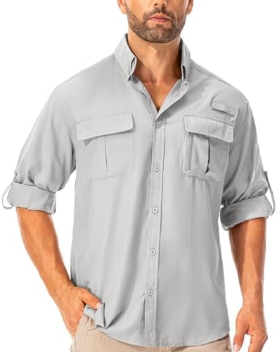 Asfixiado Hemd Herren Safari UPF50+ UV Schutz Wanderhemd Herren Langarm Funktionshemd Outdoorhemd Atmungsaktiv Schnelltrocknend Casual Button Down Shirts
