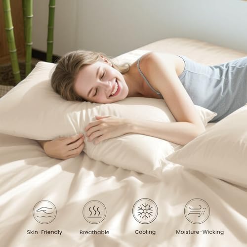 Love's cabin 4 Piece Queen Sheet Set, Cooling Sheets, 100% Rayon Derived from Bamboo, Breathable & Soft Queen Size Bed Set, Deep Pocket Up to 16", Hotel Luxury Silky Bedding Sheets, Beige - Thumbnail 4