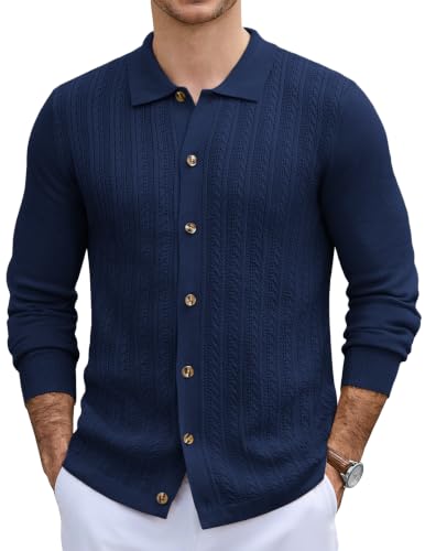 Image of COOFANDY Men's Knitted Polo Shirt Cable Knit Polo Full Button Blue Violet XL