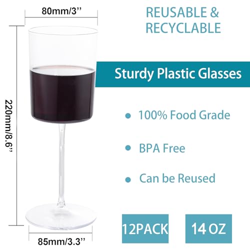 Ciaell 12 Pack Clear Plastic Wine Glasses - 14Oz Plastic Wine Glasses with Stem - Disposable Stemmed Wine Glasses Perfect for Parties & Weddings & Outdoors & Valentine\'s Day