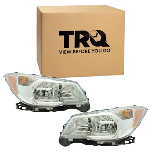 TRQ Driver and Passenger Side Headlight Assembly Set Chrome Bezel Compatible with 14-16 Subaru Forester H4 2.5L Halogen Only