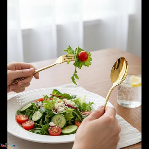 Image of Floral Gold 20 Pcs Stainless Steel Cutlery Set for Dining Table, Dishwasher Safe Glossy Flatware (4 Spoon Set+4 Forks Set+4 Butter Knife+4 Dessert Spoon+ 4 FruitFork)