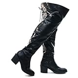 Louie05 Black Leatherette Faux Fur Inner Lining w Corset Lace Up Over Knee Thigh High Block Heel -7