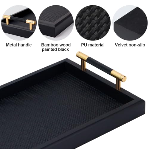 Serving Tray with Handles, Black Decorative Large Serving Trays, Wooden Serving Trays, Dinner, Bathroom and Coffee Table Decor Tray 33.3 x 21 x 8 CM - Image 4