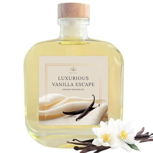 Luxurious Vanilla Massage Oil - (250ml) Full Body Oil for Relaxing Massage Therapy, None Greasy Silky Smooth Aromatherapy All Natural Sweet Almond, Apricot & Fractionated Coconut Oils with Vitamin E