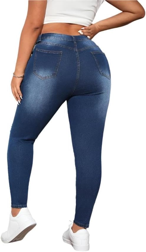 Plus Size High Waist Stretchy Distressed Skinny Denim Jeans – Ripped Design, Medium Stretch Fabric, Multiple Colors