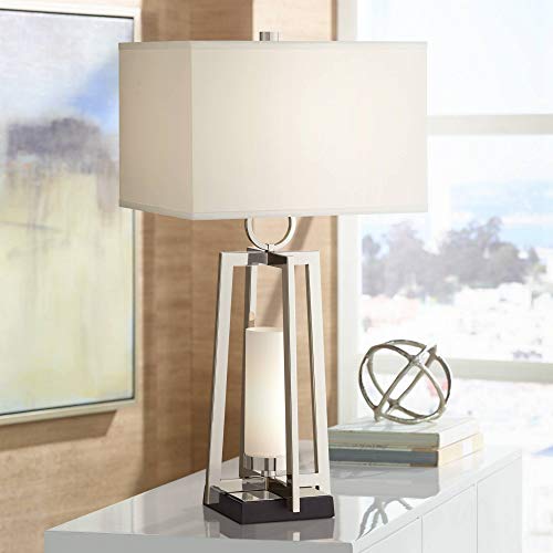 Possini Euro Design Alfaro Modern Table Lamp with Nightlight LED 31.5" Tall Polished Nickel Metal White Fabric Rectangular Shade for Living Room Bedroom House Bedside Nightstand Home Office