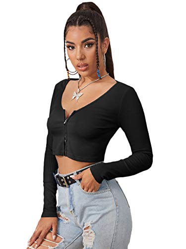 SweatyRocks Women's Casual Long Sleeve Tee Shirts Ribbed Knit Cardigan Crop Tops Black L