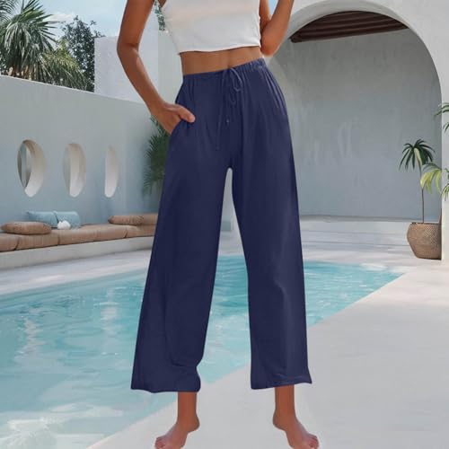 Hvyesh Flowy Linen Pants Women Wide Leg High Waisted Palazzo for Summer Beach Vacation Clothes Women's Casual Trousers4