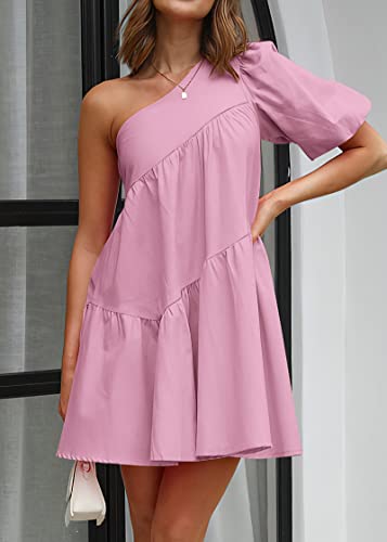 Image of KIRUNDO Summer One Shoulder Mini Baby Doll Dresses Women 2026 Casual Puff Sleeve Loose Tiered A Line Flowy Short Dress