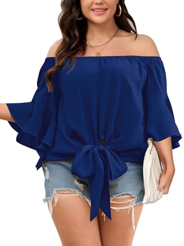 SHESTARR Womens Plus Size Off The Shoulder Blouse Tops Half Sleeves Tie Front Sexy Flowy Top Royal Blue
