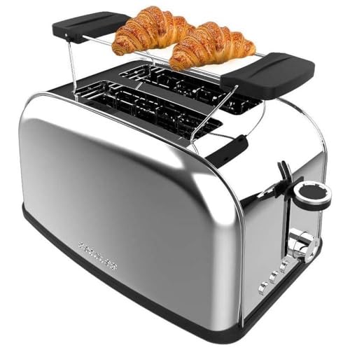 Cecotec Tostador Vertical Toastin' Time 850 Inox, 850W, Doble ranura larga y ranura ancha 3,8cm, Varillas Superiores, Acero Inoxidable, Apagado y Pop-up Automático, Recogemigas